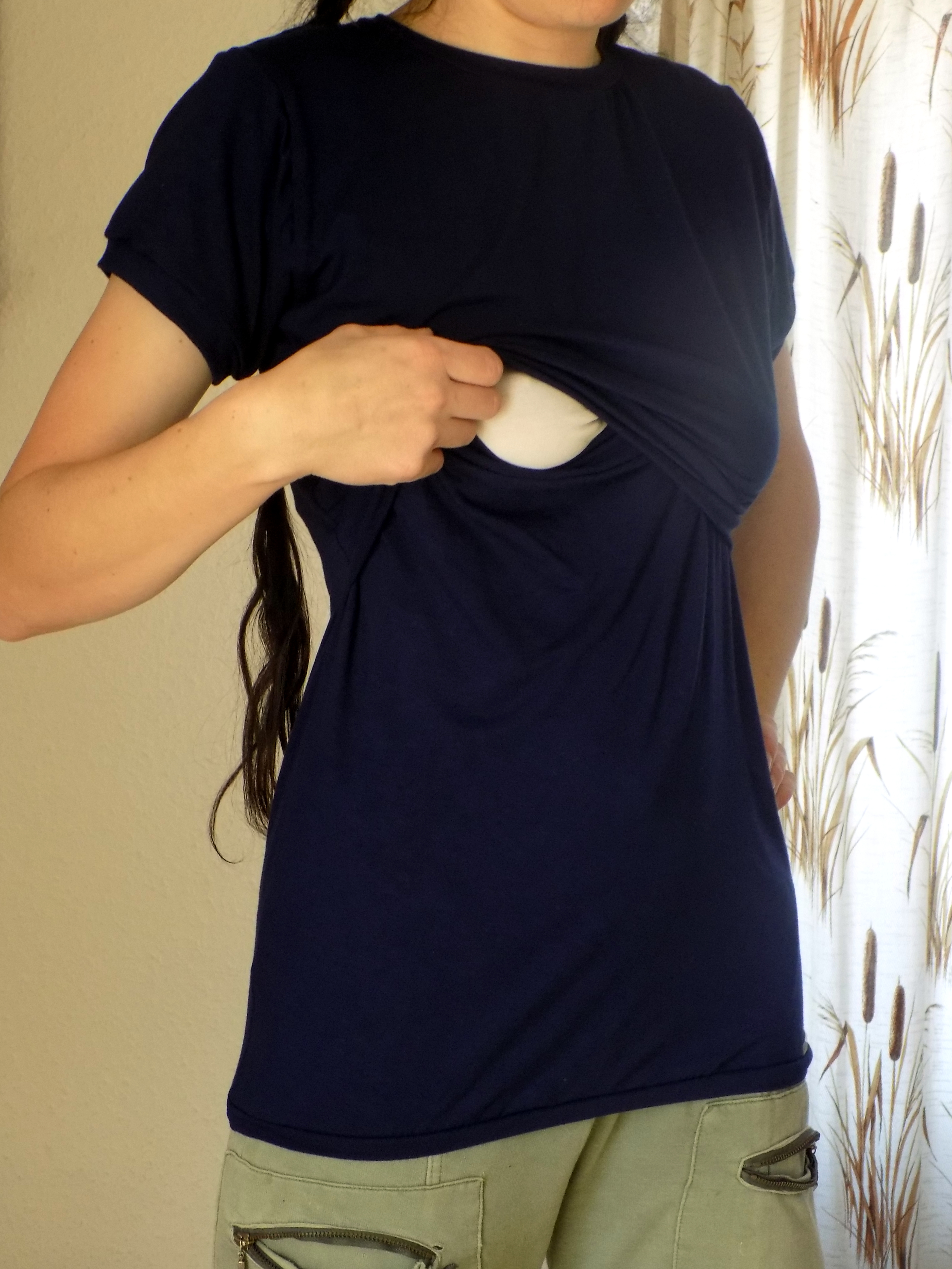 Kojící tričko - bavlna - tm. modré, kr. ruk., vel S