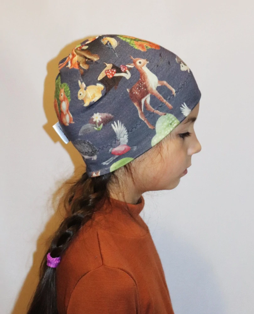 Merino čepice dvojitá - zvířátka na jeans