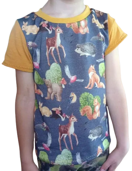 Merino tričko krátký rukáv lesní zvířátka + okrová