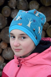 Bavlněná čepička/čepice zvířátka na modré/tyrkys